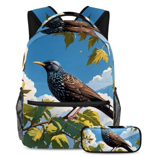 Sac à dos anti-désordre motif étourneau mignon avec trousse