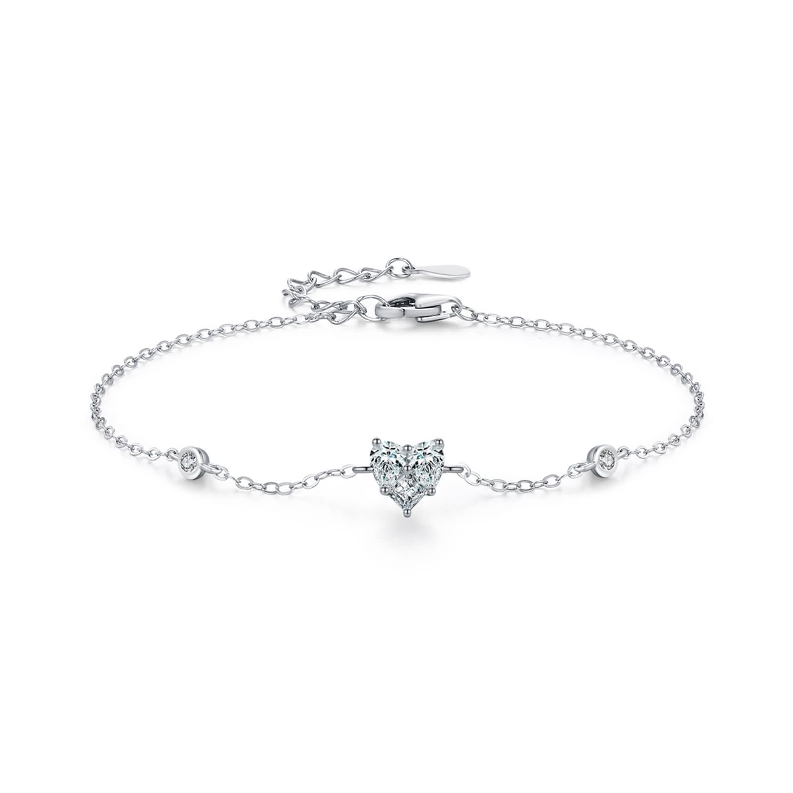 Pulseras de Mujer de Oro Blanco 9Kilates / 14Kilates / 18Kilates, Corazón con Diamante Creado de 0,25 ct, Cadena Extensible 16 CM + 5 CM, Pulsera de Plata de Mujer Ajustable