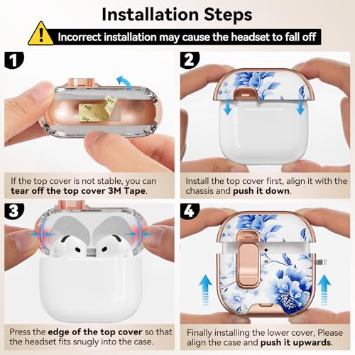Image of for AirPod 4 Case, with Safty Lock & Phone Stand for Floral AirPod 4 Generation Case Cover for Women Girly, iPod 4 Cases with Keychain & Cleaner Kit -Blue +White Porcelain