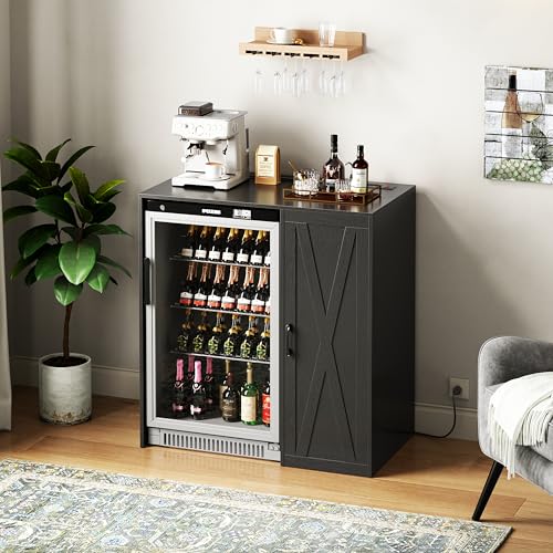 Herture Mini Fridge Cabinet with Storage, Coffee Bar Cabinet with Power Outlet, Fits 24' Wine Fridge, 3-Tier Organizer, Refrigerator Stand for Kitchen, Apartment, or Home Bar Black KH01MRB