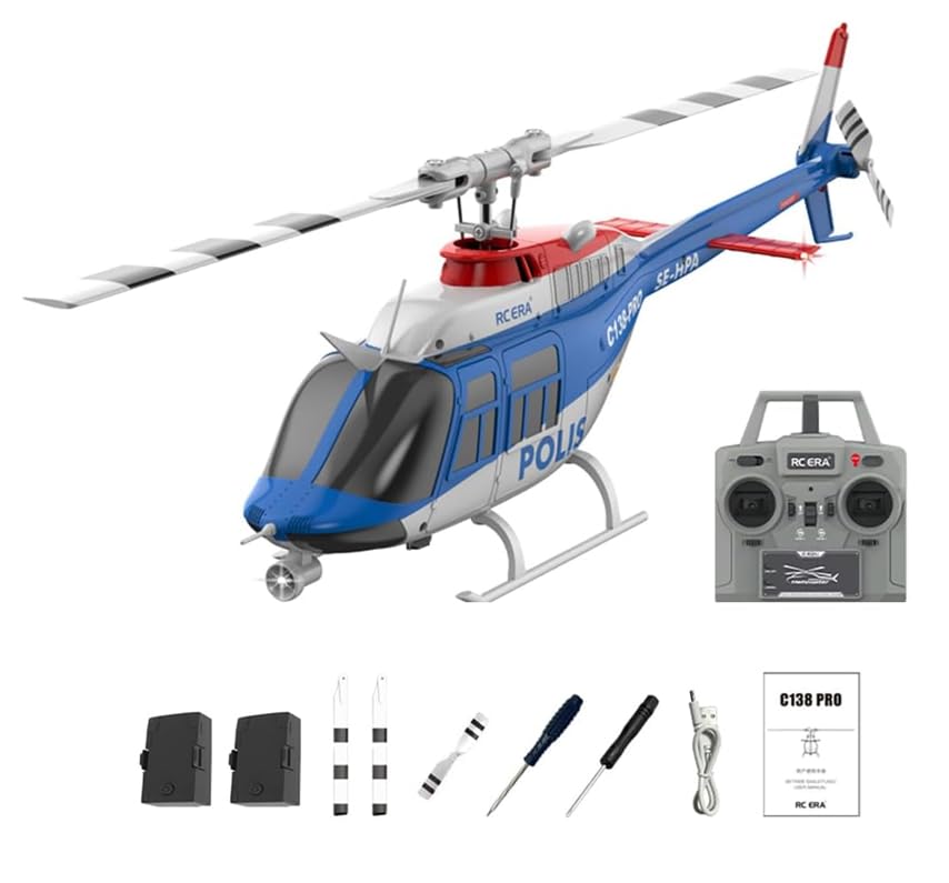 RC ERA C138-PRO Bell-206 Brushless Stabilized 6-Axis Gyroscope 6CH 3D RC Helicopter With Optical Flow Sensor and Upgraded Transmitter - Remote Control Helicopter RTF For Beginner & Adults (Blue)