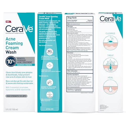 CeraVe Acne Foaming Cream Wash, 10% Benzoyl Peroxide Facial Cleanser, 5oz - image 8