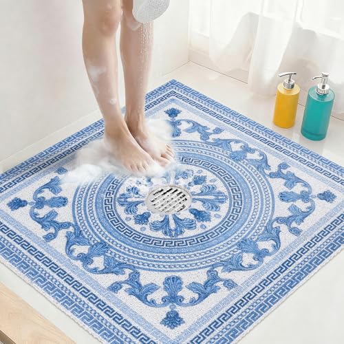 Image of Square Shower Mat Non Slip: 32x32 Inch Extra Large Shower Mats with Drain Hole in Middle -Anti Slip Shower Mats for Inside Shower -Loofah Shower Floor Mat Bath Mat for Shower Stall Bathtub Elderly