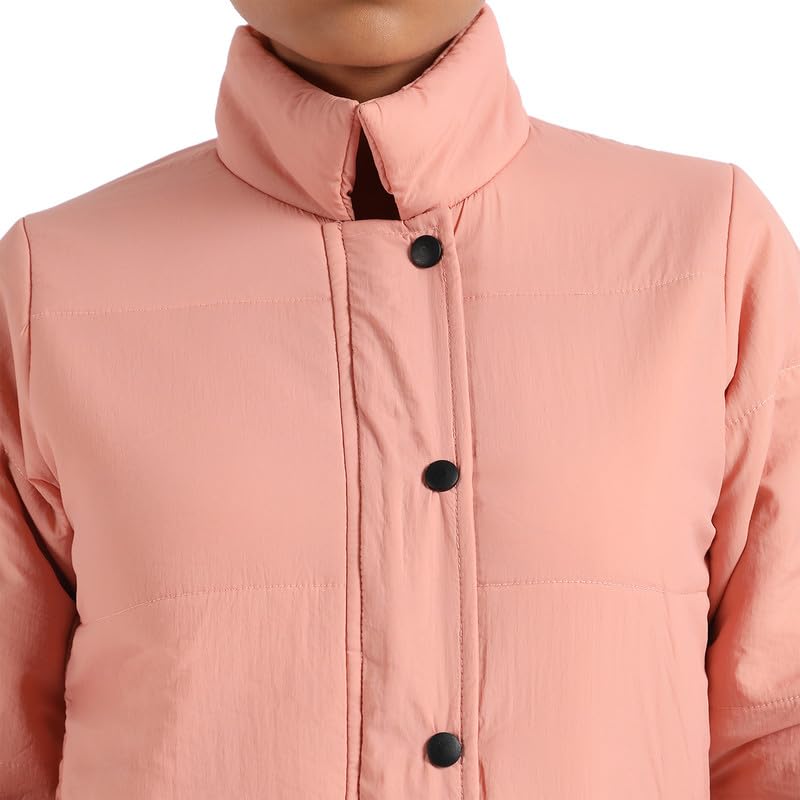 Image of PINACOLADA Women's Pink Puffer Regular Fit Bomber Jacket For Winter Wear | Standing Collar | Full Sleeve | Buttoned | Casual Jacket For Woman & Girl | Western Stylish Jacket For Women