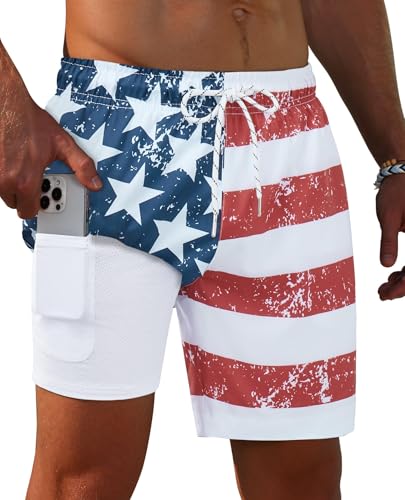 Image of Gleeease 7inch Mens Swim Trunks 2 in 1 with Compression Liner Pockets Drawstring Quick Dry Stretch Lined Funny Beach Pool