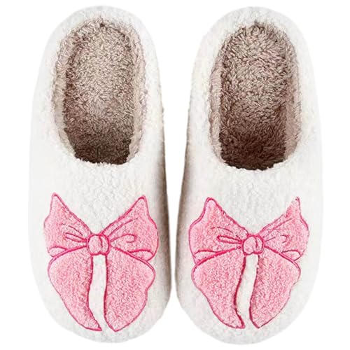 Aucomfo Bow Slippers For Women Men Cute Comfy Bedroom Home Memory Foam Slippers Ladies Furry Warm shoes Indoor for Winter Pink Bow 41-42