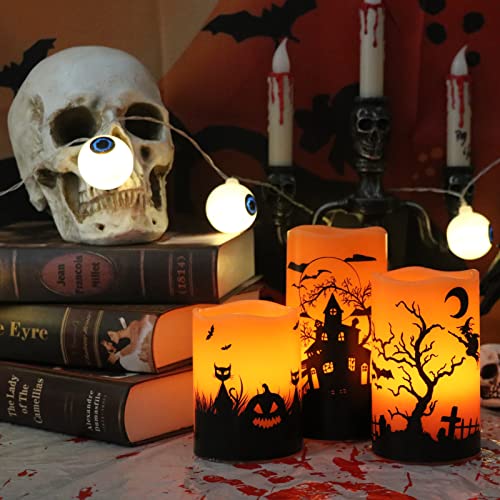 Image of Wondise Halloween Flickering Flameless Candles with 6 Hour Timer, Battery Operated LED Real Wax Candles Set of 3 Halloween Home Decoration Gifts(3 x 4 5 6 Inch)