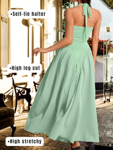 Image of ChiaoLezhee Deep V Neck Dress, Halter Maxi Dresses, Vacation Date Night, Sexy for Women Corset Flowy Wedding Guest Drop Waist