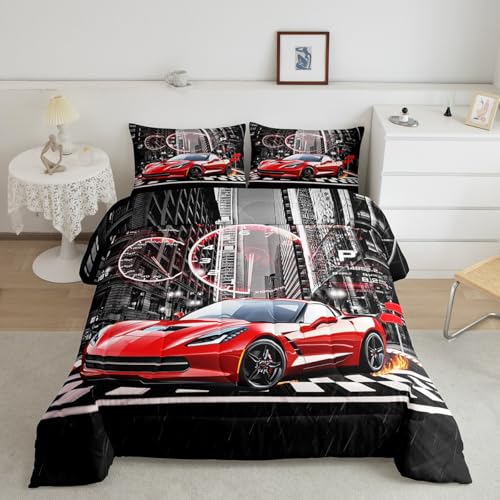 Image of Feelyou Red Race car Comforter Set for Girls Boys Racing Car Comforter Speed Sports Car Bedding Set Room Decor Extreme Sports Duvet Set Automobile Full Size Quilt 3Pcs Boys