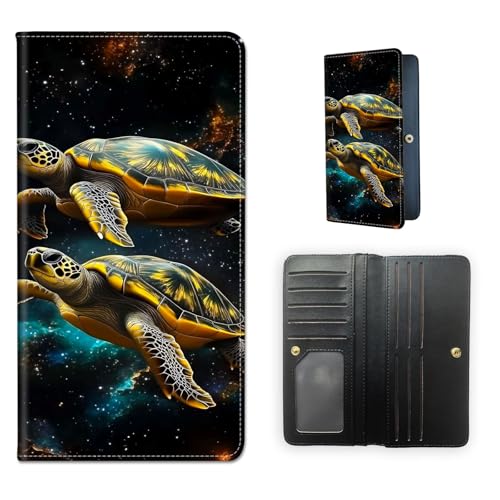 RFID Blocking Leather Wallet for Women and Men, Sea Turtles floating in Space Compact Bifold Credit Card Holder with RFID Protection, Small Ladies Slim Minimalist Wallet