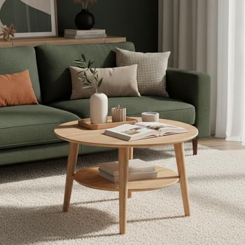 skølm Mjölnir Couchtisch rund Ø70 cm – Wohnzimmertisch aus Eiche Massivholz – Sofatisch mit 2 Ablagen – kleiner Beistelltisch Natur geölt – Holztisch Wohnzimmer mit Stauraum – Coffee Table