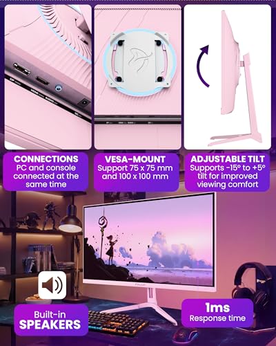 Image of Arozzi Gaming Monitor Nova 24 inch IPS 200Hz - Computer Monitor Full HD 1080p - Adaptive Sync, HDR10 & Flicker Free Display - 99% sRGB Color Accuracy - PC & Console Ready - Pink