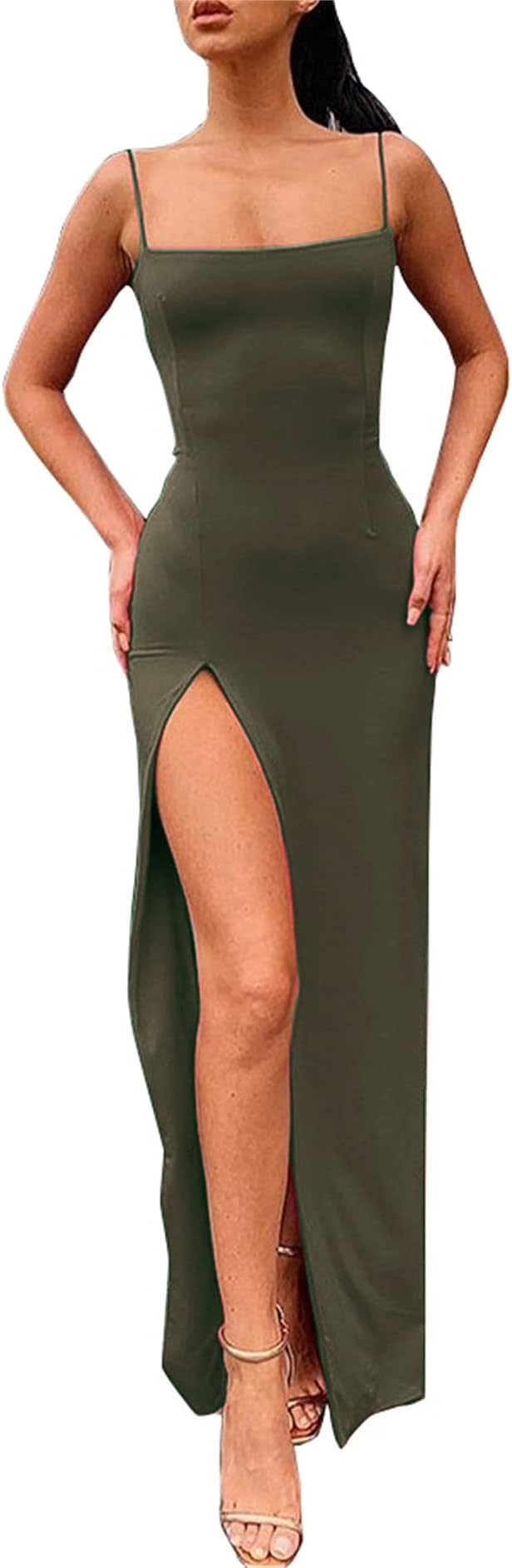 Women's Spaghetti Strap Bodycon Maxi Dress Long Formal Thigh-high Slit Club Wedding Guest Dress