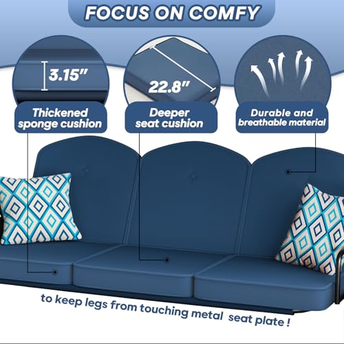 Image of ZZW 3 Seat Outdoor Porch Patio Swing with Stand 800lbs 2-in-1 Convertible Swing Bed with Adjustable Canopy & Removable Cushion for Yard Garden Deck (Blue, Square Tube)