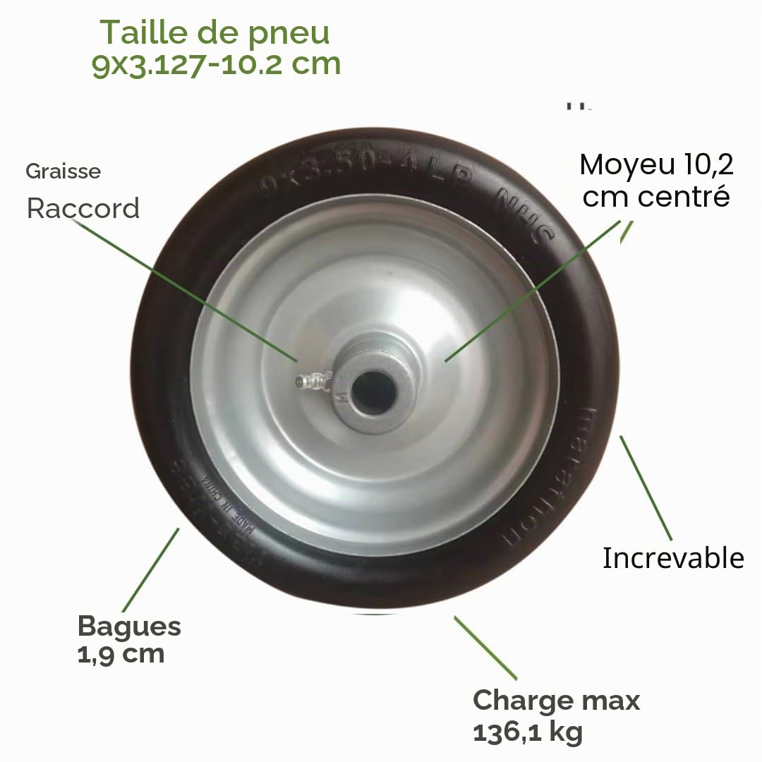 Marathon, Pneu increvable de Tondeuse à Gazon sur Roue, 22,9 x 8,9-10,2 cm, moyeu centré de 10,2 cm, Douille de 1,9 cm