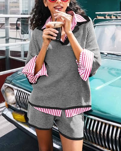 Image of Tankaneo Womens Sweater Set 2 Piece Outfits Oversized 3 /4 Sleeve V Neck Knit Tops High Waisted Shorts Lounge Sets
