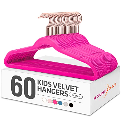 Image of HOUSE DAY Velvet Kids Hangers 60 Pack, Premium Childrens Hangers for Closet, Ultra Thin Cute Hangers Kids Clothes Hanger, Non Slip Kids Felt Hangers 14 Inch, Small Hangers for Kids Clothes, Hot Pink