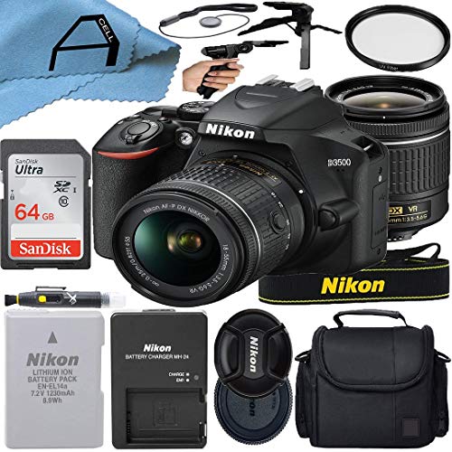 Nikon D3500 DSLR Camera 24.2MP Sensor with NIKKOR 18-55mm f/3.5-5.6G VR Lens, SanDisk 64GB Memory Card, Case, Tripod and A-Cell Accessory Bundle (Black)