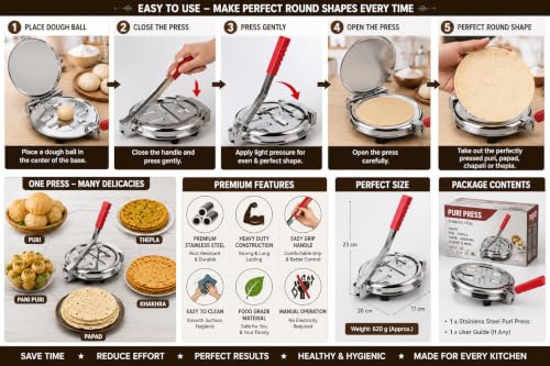 Image of Blendura Stainless Steel Puri Press Machine with Easy Grip Handle, Manual Papad, Khakhra, Chapati & Roti Maker for Home Kitchen