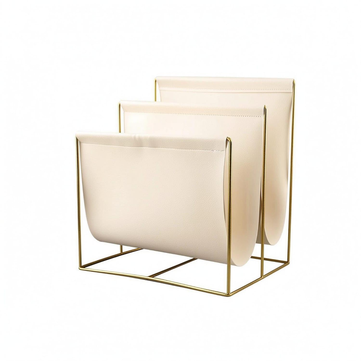 Modern Floor Rack Minimalist Leather Panel Rack Gold-Tone Newspaper Holder Three-Pocket for Office, Beige-image-6