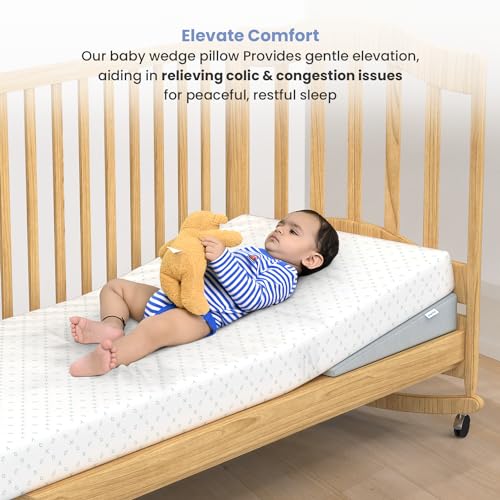 Image of Cherilo Standard Elevated Wedge Pillow for Baby Crib & Mattress, Elevate Baby to Prevent Acid Reflux, Colic, GERD, Heat Burn & Vomiting | 14 inch x 19 inch x 3.5 inch | - with Removable Velvet Cover - Grey