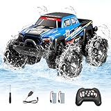 Coche Teledirigido Anfibio, 2.4Ghz Impermeable RC Car Radiocontrol Todo Terreno, 4WD 360° Rotación All Terrain Stunt Juguete con la Mano, Luces Led e 2 Baterías, Regalos para Niños Niñas 6-12 Años