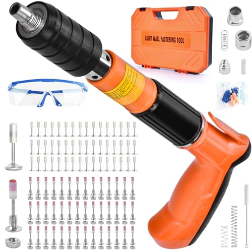 Nail Gun Nagelpistole mit 130 Stück Nagel,65 Stück Rundnägel,65 Stück M8-Gewindenägel,Stahlnagelpistole Werkzeug zum Nageln mit Handschuhen Schlüssel für Brillen Ohrstöpsel