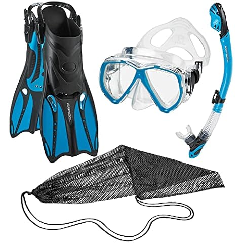Phantom Aquatics Rapido Boutique Collection Mask Fin Snorkel Set, Panoramic View Snorkel Mask, Dry Snorkel Set with Snorkeling Gear Bag, Blue, M/L, 9-12, (PAQPCMFS-MT-L) Cover