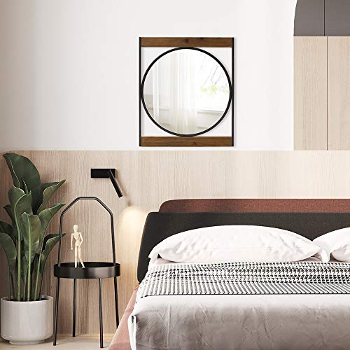 Rustic Round Wall Mirror with Wooden Frame for Bathroom Bedroom Entryway, 22"X19", Mirror for Christmas, New Year - Image 6