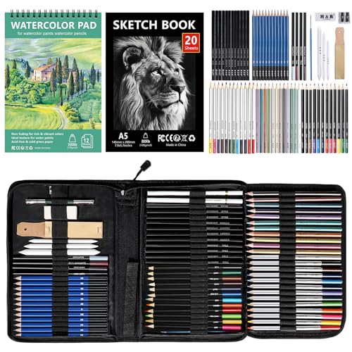 TOSUTO Ensemble de matériel de Dessin et de Croquis 76 - Crayons de Dessin Professionnels - Fournitures avec carnet de Croquis et Papier Aquarelle, Malette...