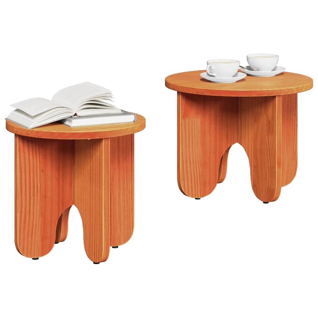 Juego de mesa de café de 2 piezas, color marrón cera, madera maciza de pino, diseño redondo para salón, mesa auxiliar moderna, fácil montaje, duradera