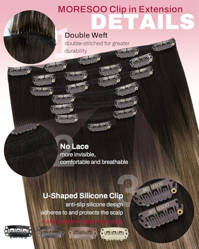 Image of Moresoo Clip in Hair Extensions Real Human Hair Balayage Brown Blonde 16in | Clip in human hair extensions, smoky golden brunette ombre, 7pcs, remy straight hair for warm party dimension