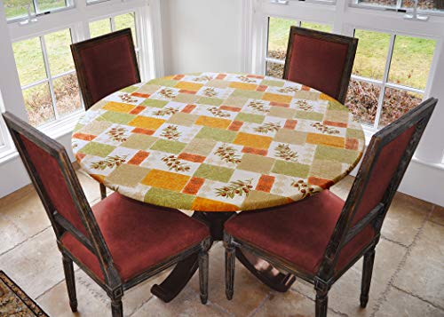 Covers For The Home Deluxe Elastic Edged Flannel Backed Vinyl Fitted Table Cover - Olive Patch Pattern - Large Round - Fits Tables up to 45 - 56 Diameter