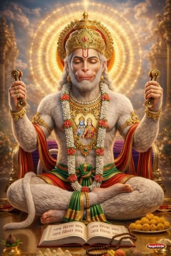 Image of Rangoli Lord Hanuman Ji Self Adhesive Poster 12x18 Inch | Bajrangbali Hindu God Wall Sticker Poster for Home Temple Pooja Room Living Room Bedroom Decor | Spiritual Devotional Wall Art