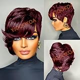 YJOQOKOA Short Pixie Cut Wig Human Hair Glueless Wigs for Black Women Side Part Blonde Human Hair Bob Wig with Bangs 99J Color Short Layered Wavy Wigs Full Machine Made No Lace Front Wig 150% Density