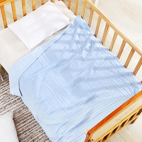 Image of Aablexema Baby Muslin Bath Towels - Set of 2 Large Size 43X43 Inches Swaddle Blanket for Newborn Toddlers Boys Girls (White & Blue)