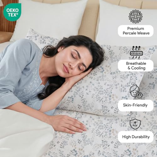 Image of LINENWALAS 100% Cotton Elastic Fitted Bed Sheet for Single Size Bed | Fits 6-12 Inch Mattress | Soft, Breathable, Oeko-TEX Certified Premium Bedsheet with 1 Pillow Cover (36x78 Inches, Skylet Breeze)