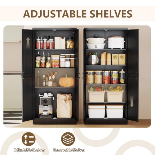 Image of Black Metal Storage Cabinet, 71 inch Kitchen Pantry Cabinets for Office