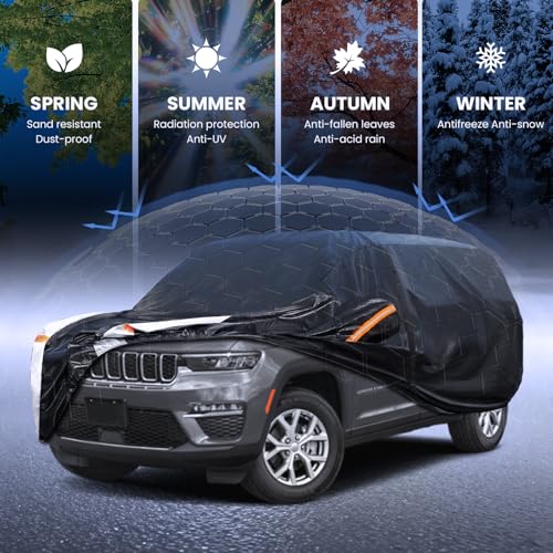 Image of Multi-Layer Car Cover Custom Fit for Jeep grand Cherokee long(2021-2026), 100% Waterproof All Weather for Automobiles, Gift with Towel, Heavy Duty Car Covers for Rain Sun UV Protector With Door Zipper