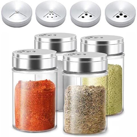 4pcs Salt and Pepper Shakers Set, Salt Shaker and Pepper Shaker with Adjustable Pour Holes, Pepper and Salt Container with Stainless Steel Lid,Glass Salt and Pepper Shakers,Spice Shaker for Kitchen Cover