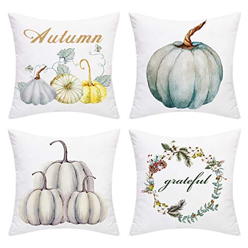 BLEUM CADE Set of 4 Throw Pillow Covers Thanksgiving Day Pillow Covers Autumn Pumpkin Pillow Covers Fall Harvest Pillow Cases Cushion Covers Home Decoration 18 x 18 Inches