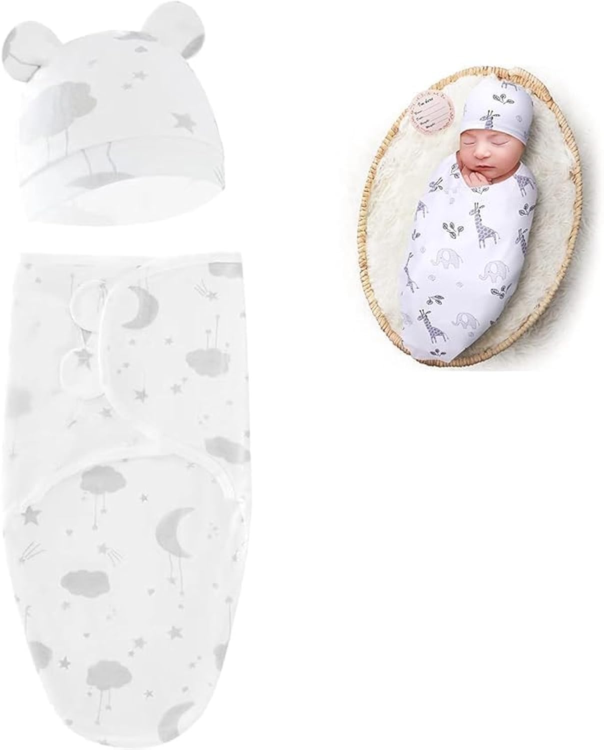 ZDALQDMJNewborn Baby Swaddles,100% Cotton with Matching Hat- Soft & Breathable Adjustable Sleep Sack for 0-6 Months Infant Boy Girl, Stretchy Swaddling Sleep Sack,Perfect Shower Gift (2)