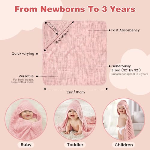 Image of Hooded Baby Bath Towels for Newborn, 2 Pack - 6-Layer 100% Muslin Cotton, Soft Absorbent Baby Towels with Hood for Babies, Infants & Toddlers, Large 32x32 Inch Unisex Newborn Baby Bath Essentials