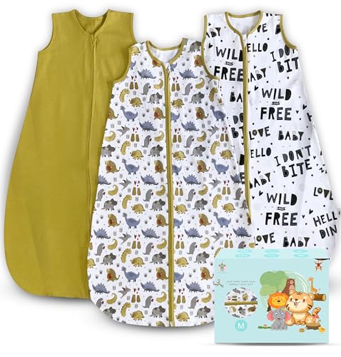 Image of Cute Castle Baby Sleep Sack 6-12 Months - Lightweight 100% Cotton 2-Way Zipper TOG 0.5 Infant Wearable Blanket, Newborn Essentials Toddler Sleep Clothes, 3 Pack(Honey, Dinosaurs, Letters)