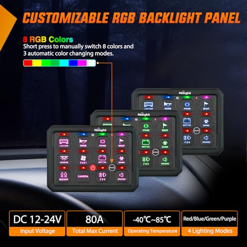 Image of Nilight 12 Gang Switch Panel APP RGB 12V 24V Circuit Control System 4-Mode | Fuse Wiring Harness Automatic Dimmable LED Pod Toggle /Momentary /Strobe /Flash Modes for Car Pickup Truck Camper SUV