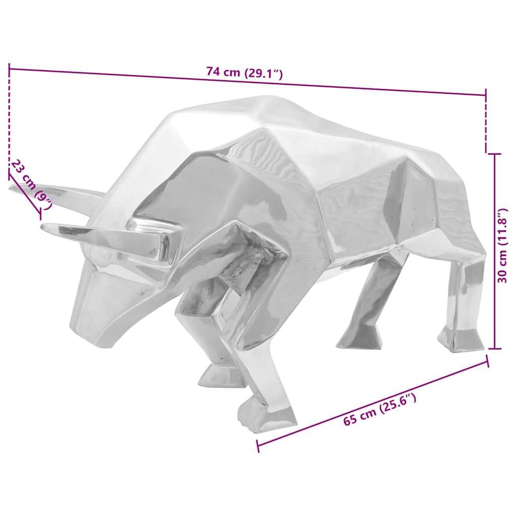 Silberne Bullen Figur Skulptur aus Aluminium, 74 x 23 x 30 cm Hochglanz, Deko Objekt für Wohnzimmer, Regal, Kaminsims, Fensterbank, Eingang, Sammlerfigur und Geschenk