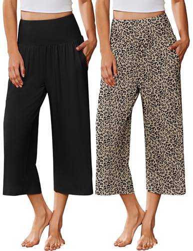 Image of Ekouaer 2 Pack Womens Pajama Pants 2026 Wide Leg Capri Yoga Pants Lounge Comfy Sleep Pj Bottoms with Pockets