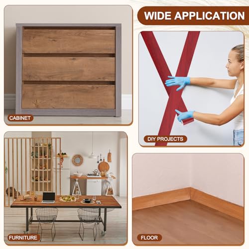 Image of MECCANIXITY Wood Grain Repair Tape, 4 Inch x 33 Feet Self Adhesive Wood Grain Tape Multi-Purpose Wallpaper Border Trim for Furniture Floors Windows Doors Tables Home DIY Projects, Red