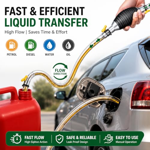 Image of Fuel Transfer Pump Kit - High Flow Manual Siphon Oil Remover Pump with 2 Meter Pipe for Petrol, Diesel, Water & Oil, Portable Liquid Transfer Pump for Car, Bike & Fish Tank (MTR 2)