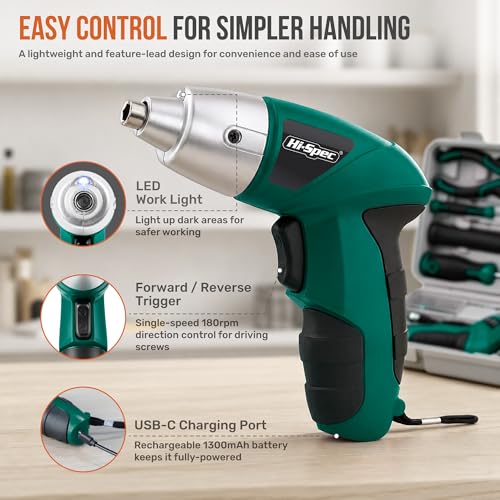 Image of Hi-Spec 4V USB Electric Screwdriver Tool Kit for Home Repairs, Green | 42pc, fast assembly help, common screw bit selection, LED visibility, compact grip, quick household fixes, organized storage